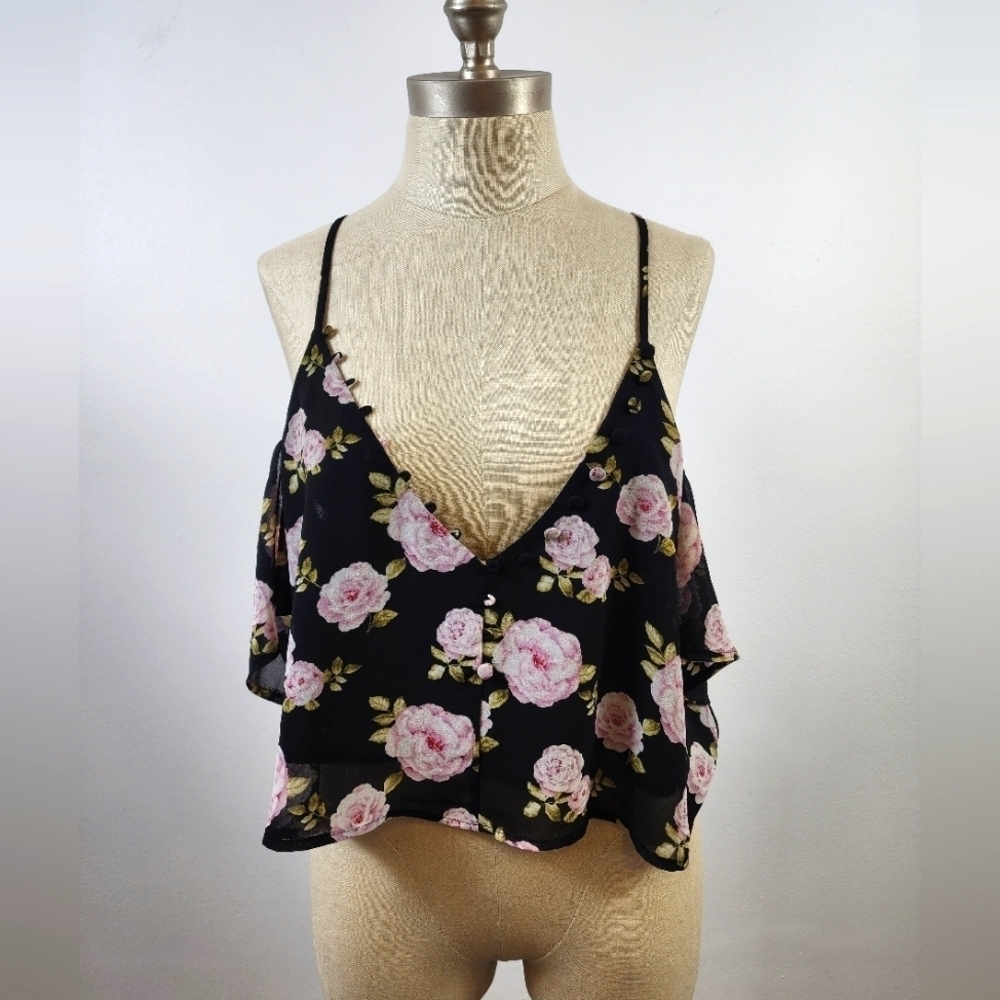 Forever 21 Black Floral Lace Trim Cami Top Size Small